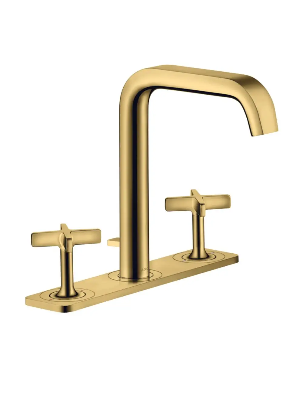 Waschtischarmatur in goldener Optik mit einer hohen, gebogenen Auslaufstruktur und zwei Kreuzgriffen, hergestellt von AXOR. Entwurf für eine 3-Loch-Installation.